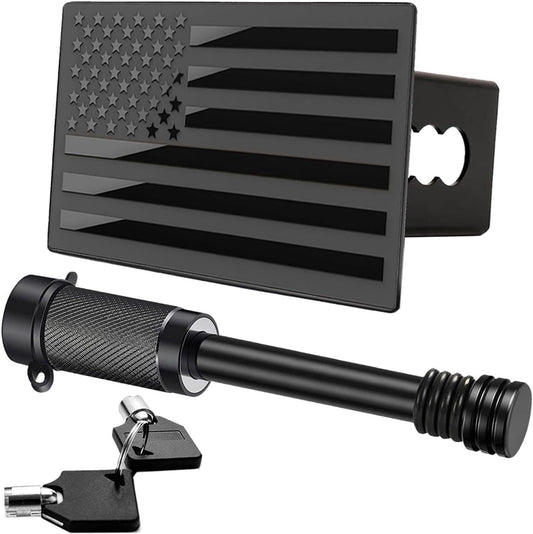 American Flag Metal Trailer Hitch Cover for 2 Inch Receivers（With 5/8-Inch Pin Diameter Trailer Hitch Lock ） (Black)