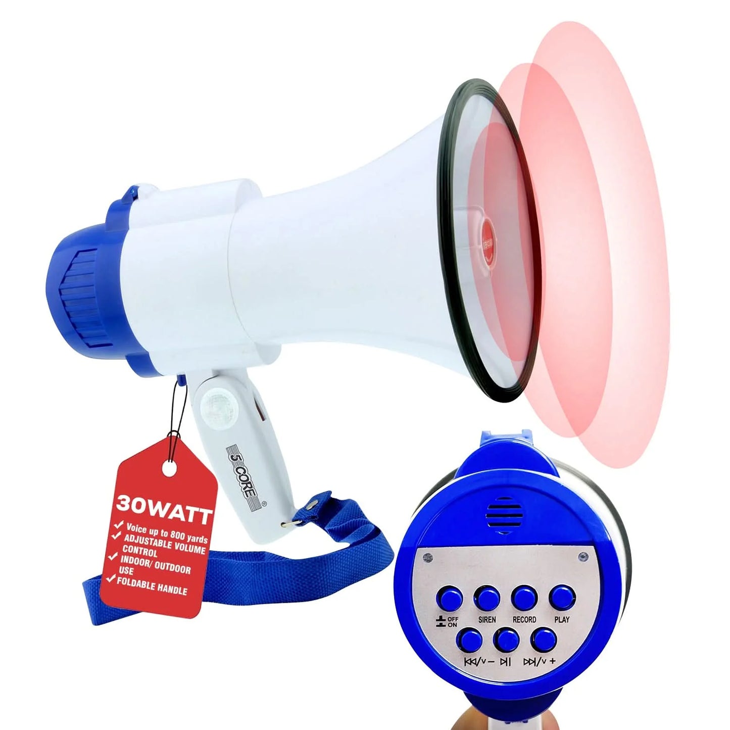 5Core Megaphone Bullhorn Speaker 30W Mini Bull Horn Battery Power Megafono 800 Feet