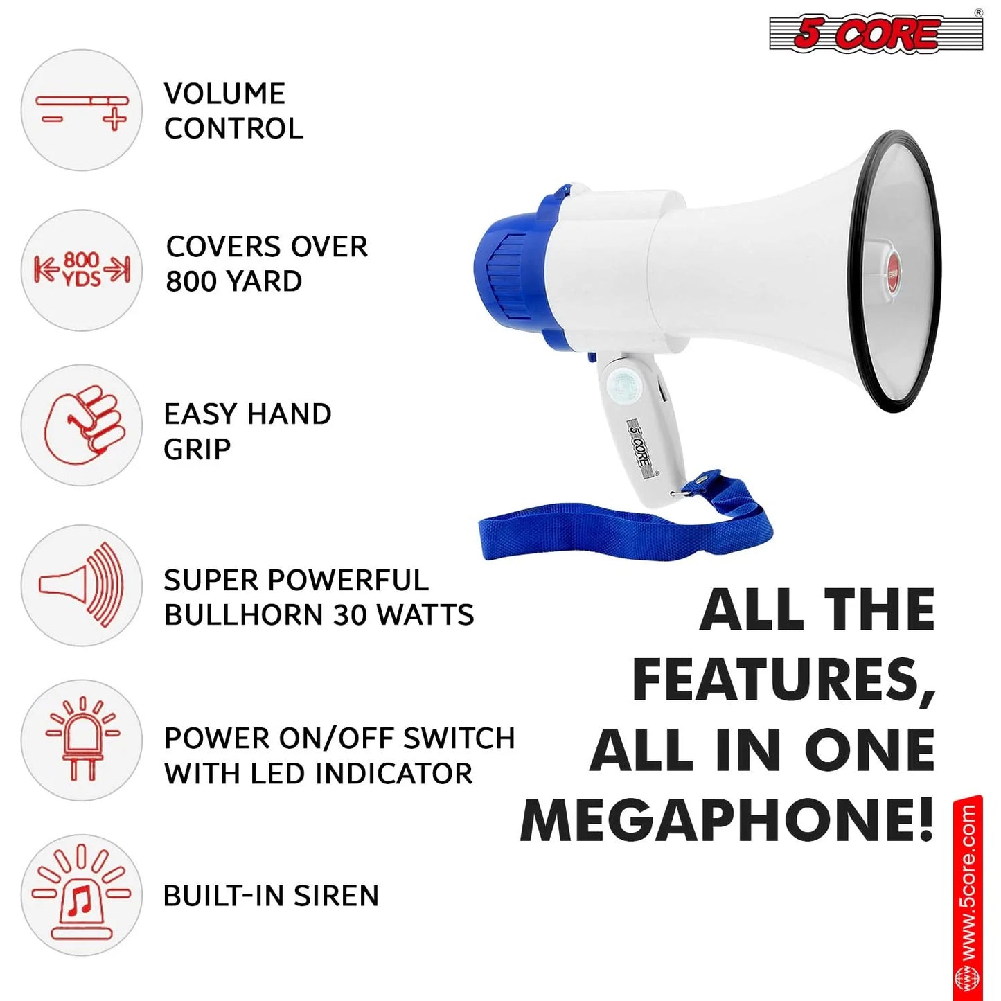 5Core Megaphone Bullhorn Speaker 30W Mini Bull Horn Battery Power Megafono 800 Feet