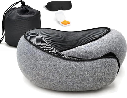 Travel Pillows for Airplanes, Travel Neck Pillow Travel Pillow, 360° Support Memory Foam Travel Pillow with 3D Contoured Eye Mask, Earplugs and Storage Bag for Airplanes Offices, Cars, Gray