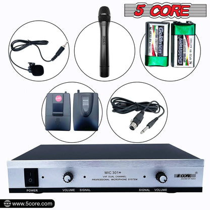 5Core Wireless Microphone VHF Handheld Microfono Inalambrico & 1 Collar Mic + Receiver